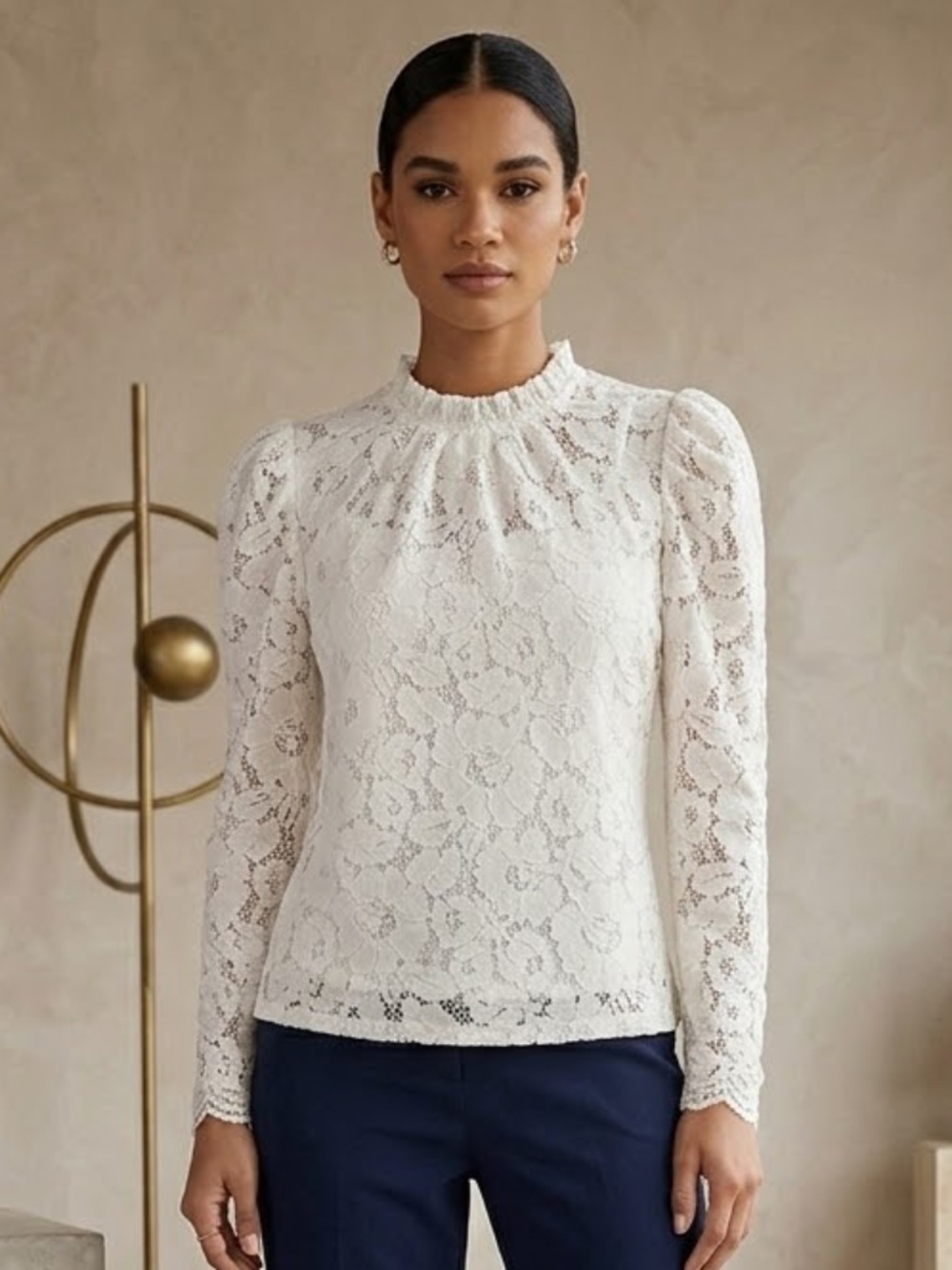 Vici Cream Lace High-Neck Long Sleeve Blouse
